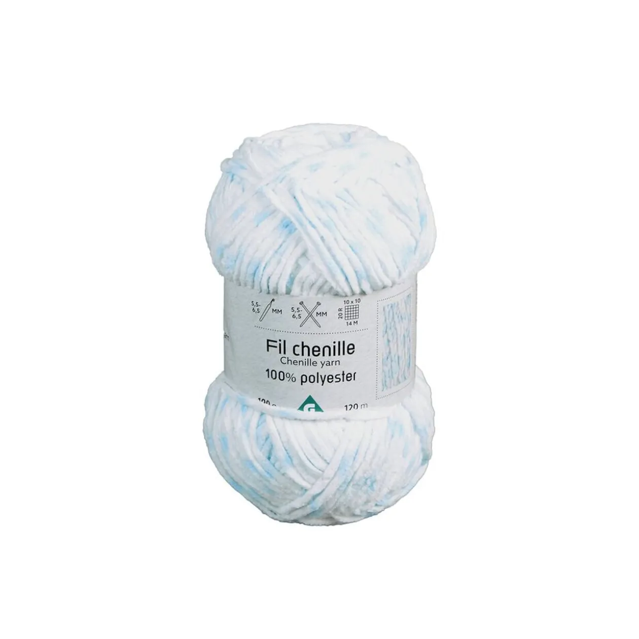 Pelote de fil à tricoter chenille blanc et bleu 120m