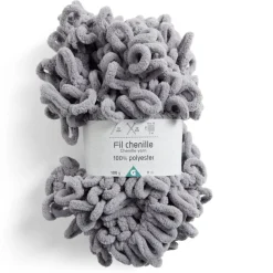 Pelote fil à tricoter 9m effet chenille polyester gris clair 100g