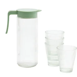 Pichet en verre et plastique vert avec 4 verres