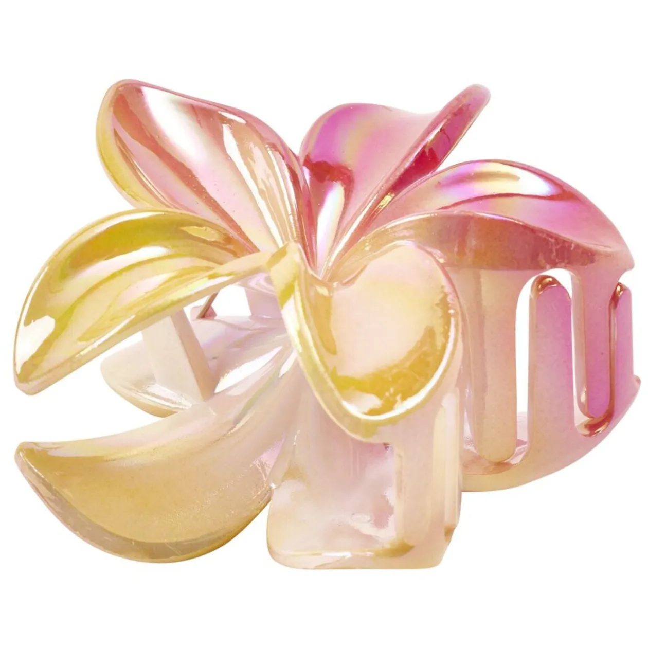 Pince cheveux fleur de tiaré rose et jaune L10cm