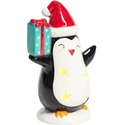 Pingouin de Noël lumineux 1LED céramique noir et blanc H15,5cm