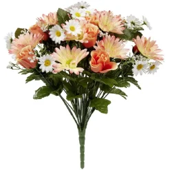 Piquet gerbera+rose bouton+pâquerette+gypsophile corail 36 têtes