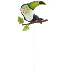 Piquet solaire à planter oiseau toucan animé oeil LED blanc chaud H48cm