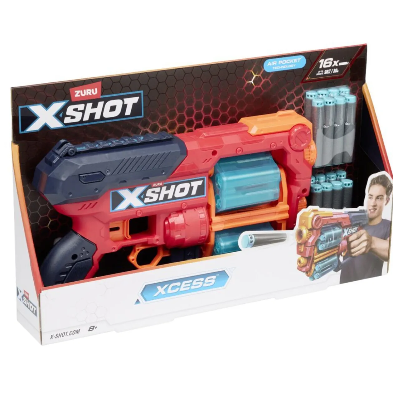 Pistolet à fléchettes x16 Zuru Xshot Xcess plastique rouge et bleu