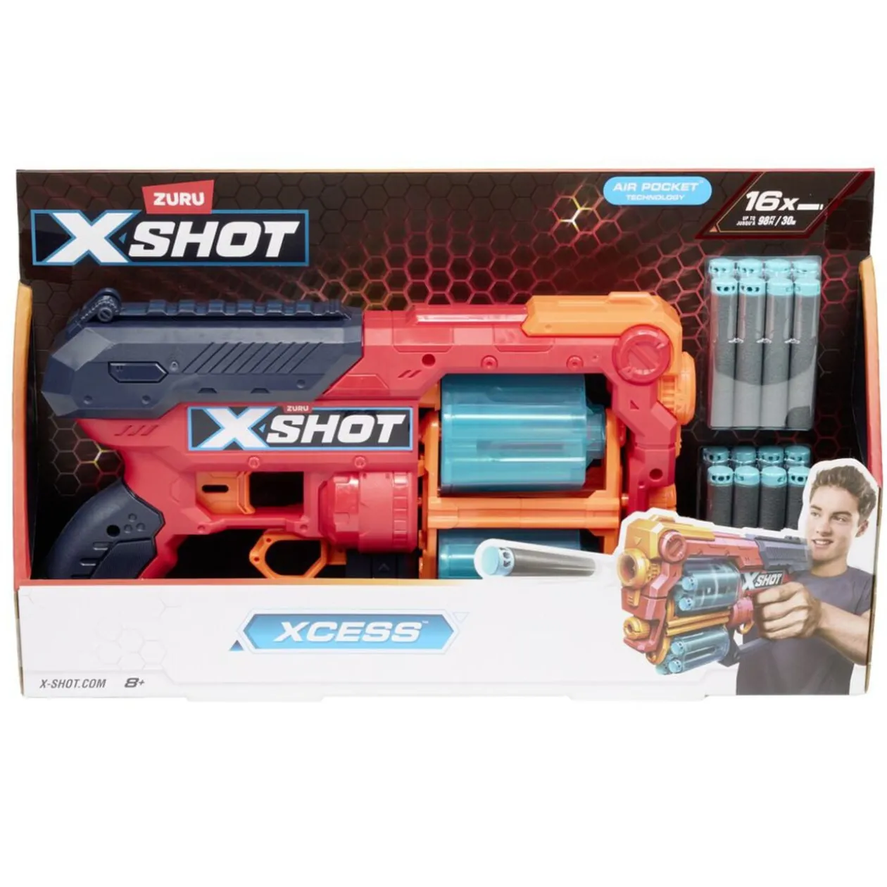 Pistolet à fléchettes x16 Zuru Xshot Xcess plastique rouge et bleu