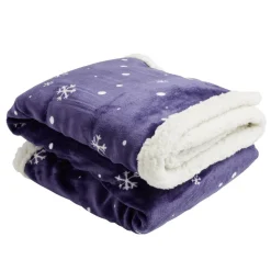 Plaid sherpa Noël flanelle motif flocon bleu et blanc 120x150cm