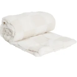 Plaid Teddy fourrure beige et blanc 130x190cm (2 modèles damier ou rayures)