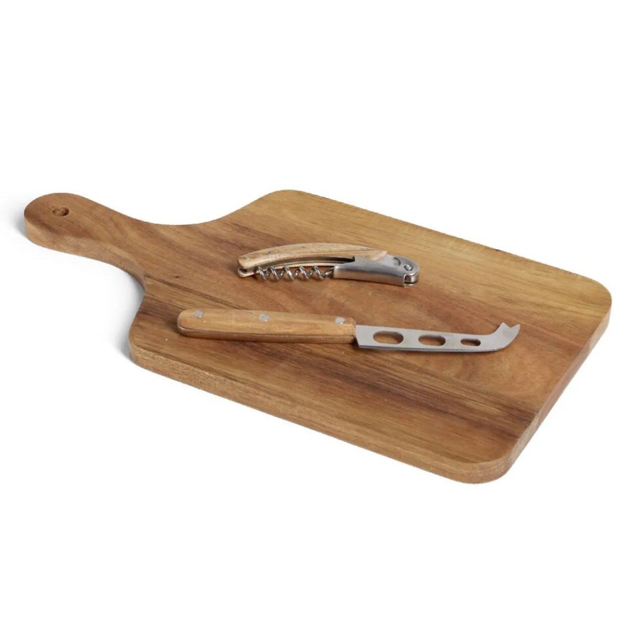 Planche de présentation avec couteau et tire-bouchon acacia 37x19cm