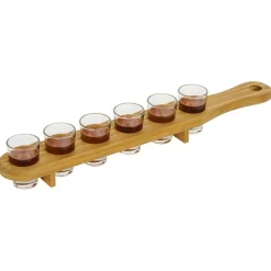 Planche en pin avec 6 verres à shooter