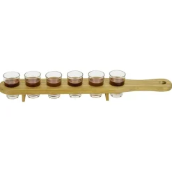 Planche en pin avec 6 verres à shooter