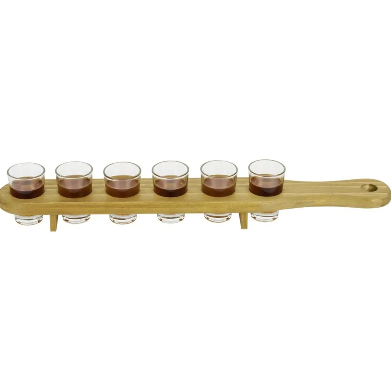 Planche en pin avec 6 verres à shooter