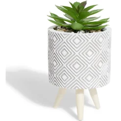 Plante artificielle pot ciment trépied bois Ø7,5xH13cm (2 modèles)