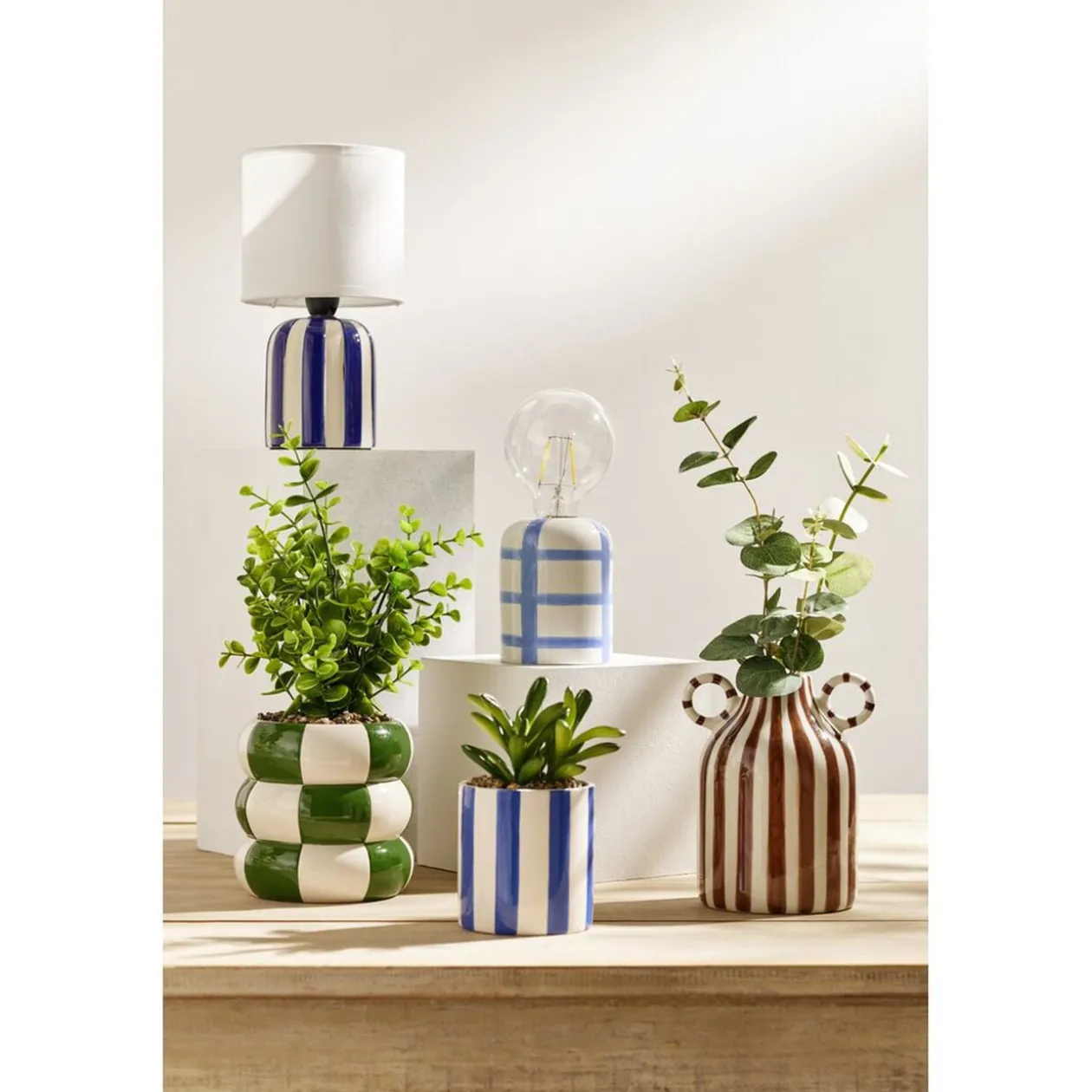 Plante artificielle succulente pot bayadère rayures colorées Ø8xH15,5cm (2 modèles)