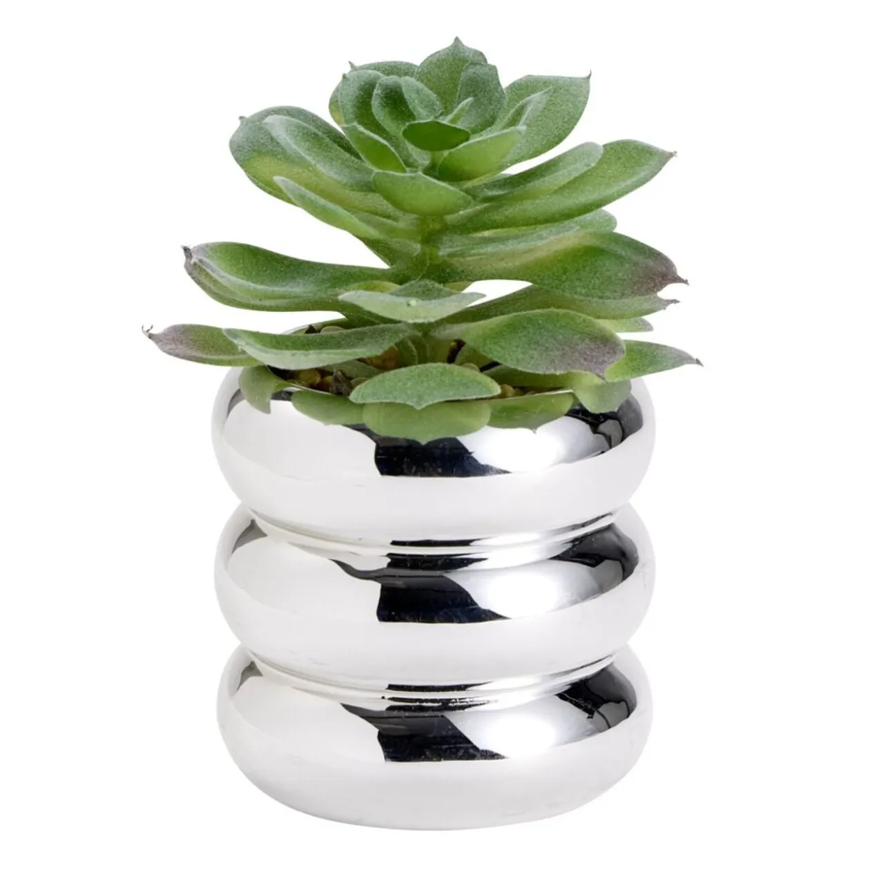 Plante grasse artificielle dans pot dolomite gris chromé Ø8xH13,5cm (3 modèles)