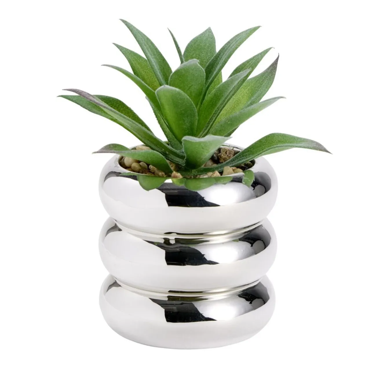 Plante grasse artificielle dans pot dolomite gris chromé Ø8xH13,5cm (3 modèles)