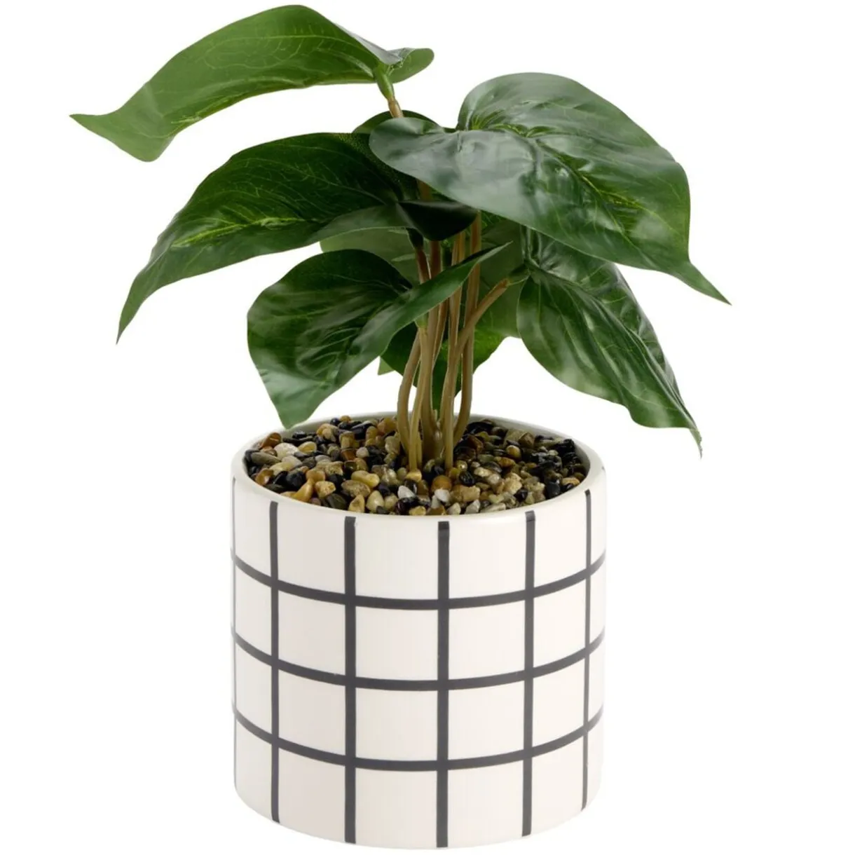 Plante verte artificielle dans pot dolomite blanc à motif noir Ø12xH24cm (2 modèles) < Gifi Outlet