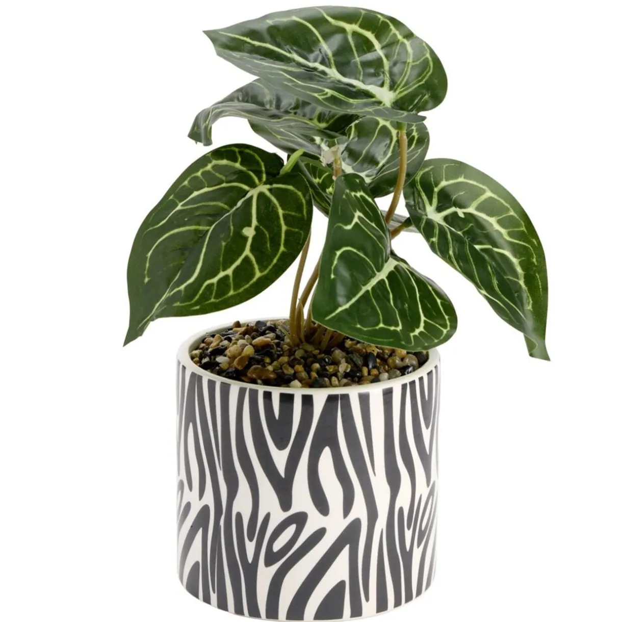 Plante verte artificielle dans pot dolomite blanc à motif noir Ø12xH24cm (2 modèles) < Gifi Outlet