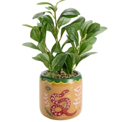 Plante verte artificielle dans pot céramique Indie à motifs Ø14xH25cm (2 modèles)