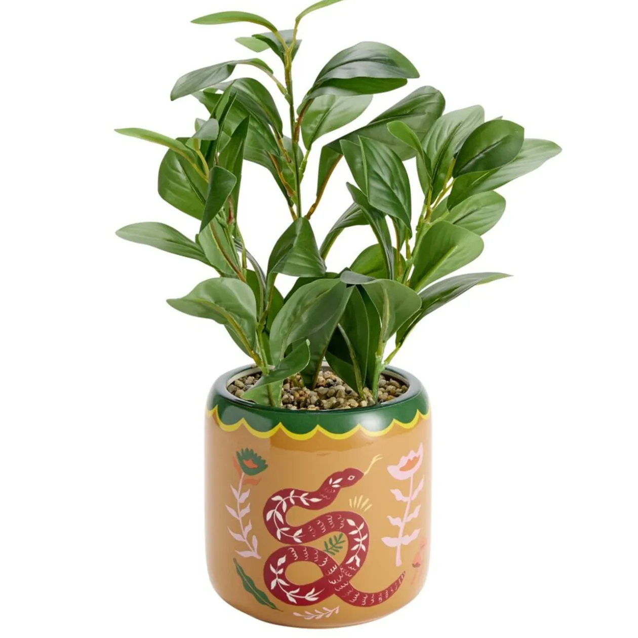 Plante verte artificielle dans pot céramique Indie à motifs Ø14xH25cm (2 modèles)