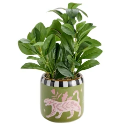 Plante verte artificielle dans pot céramique Indie à motifs Ø14xH25cm (2 modèles)
