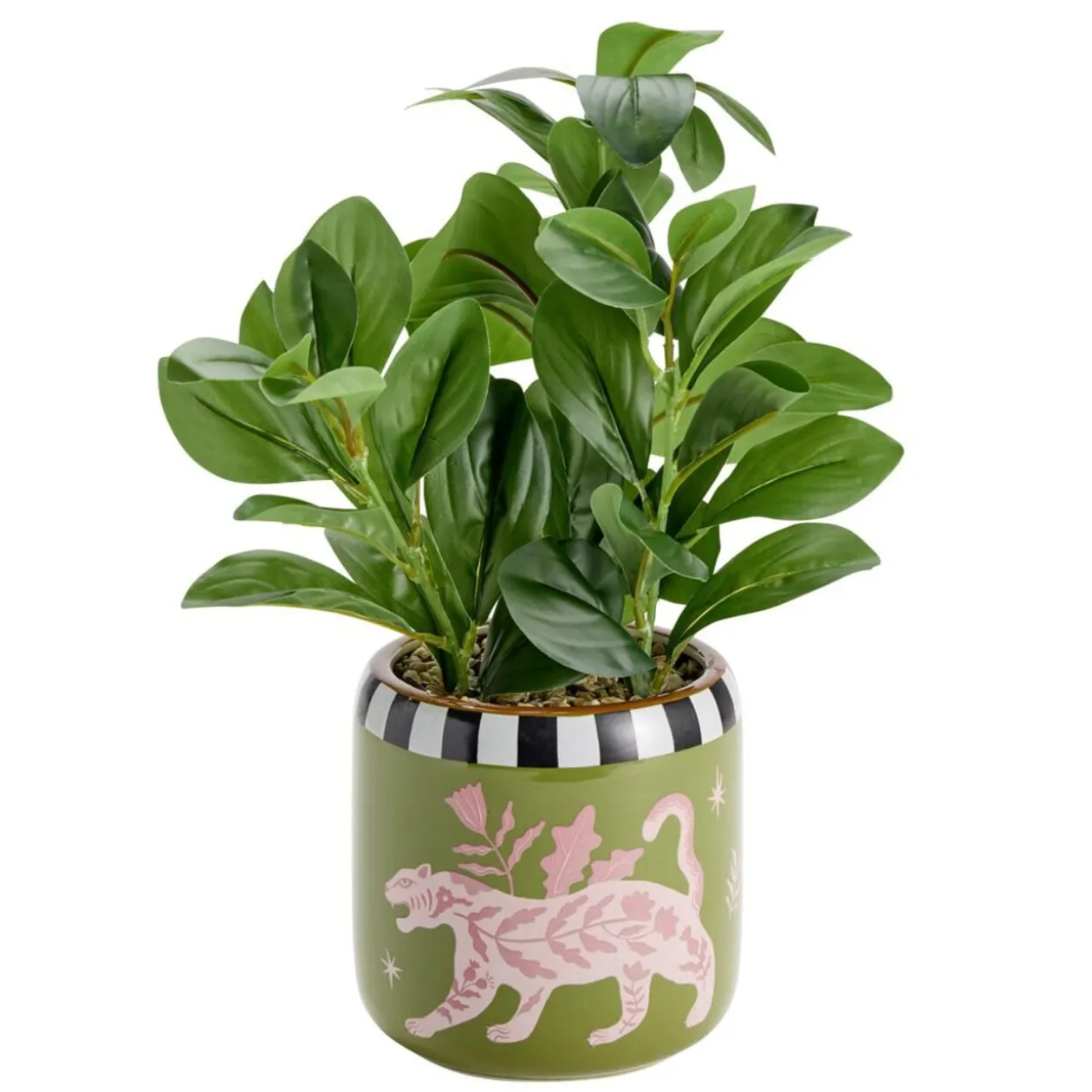 Plante verte artificielle dans pot céramique Indie à motifs Ø14xH25cm (2 modèles)