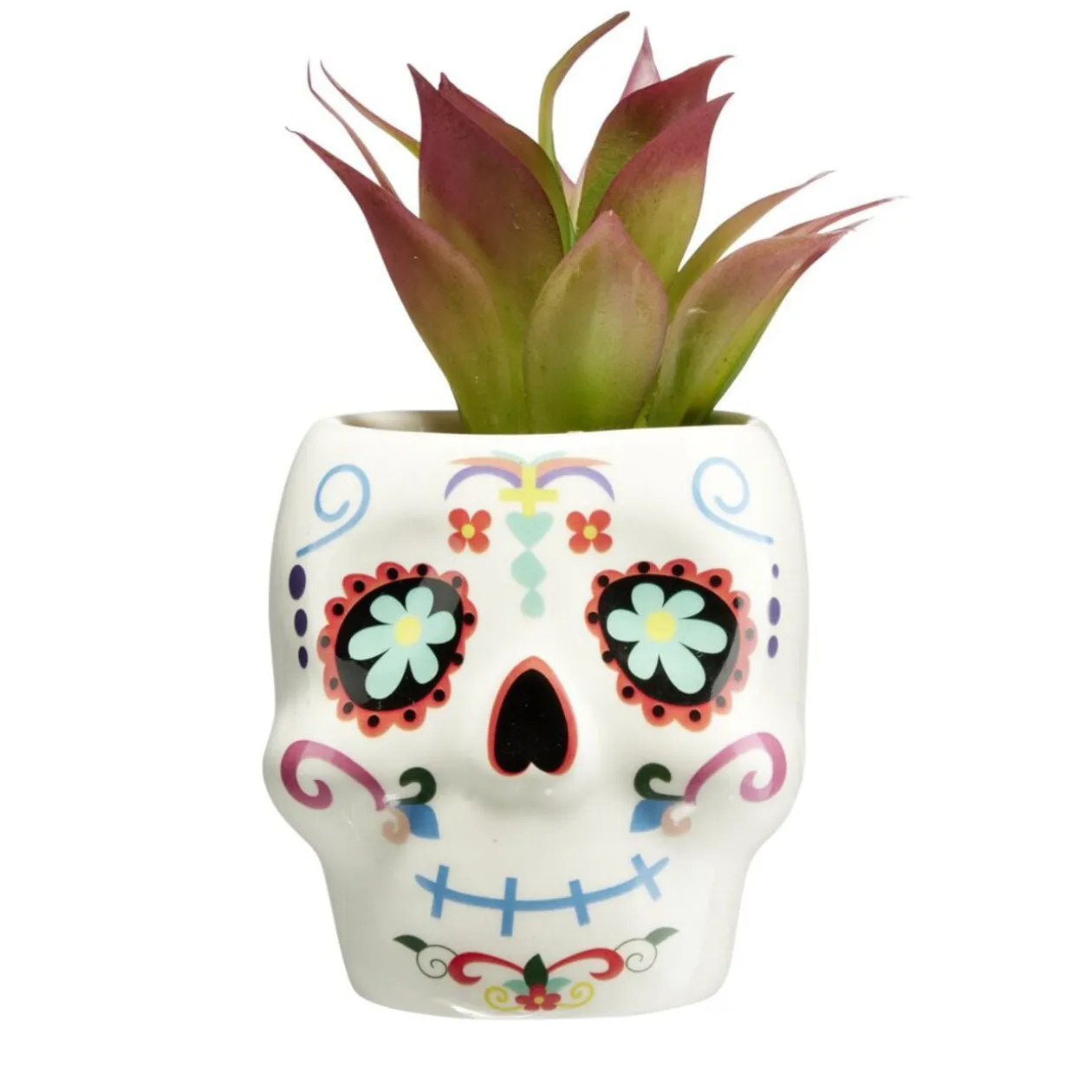 Plante verte artificielle Halloween Calavera pot céramique blanc Ø8xH12cm (2 modèles)