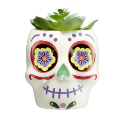 Plante verte artificielle Halloween Calavera pot céramique blanc Ø8xH12cm (2 modèles)