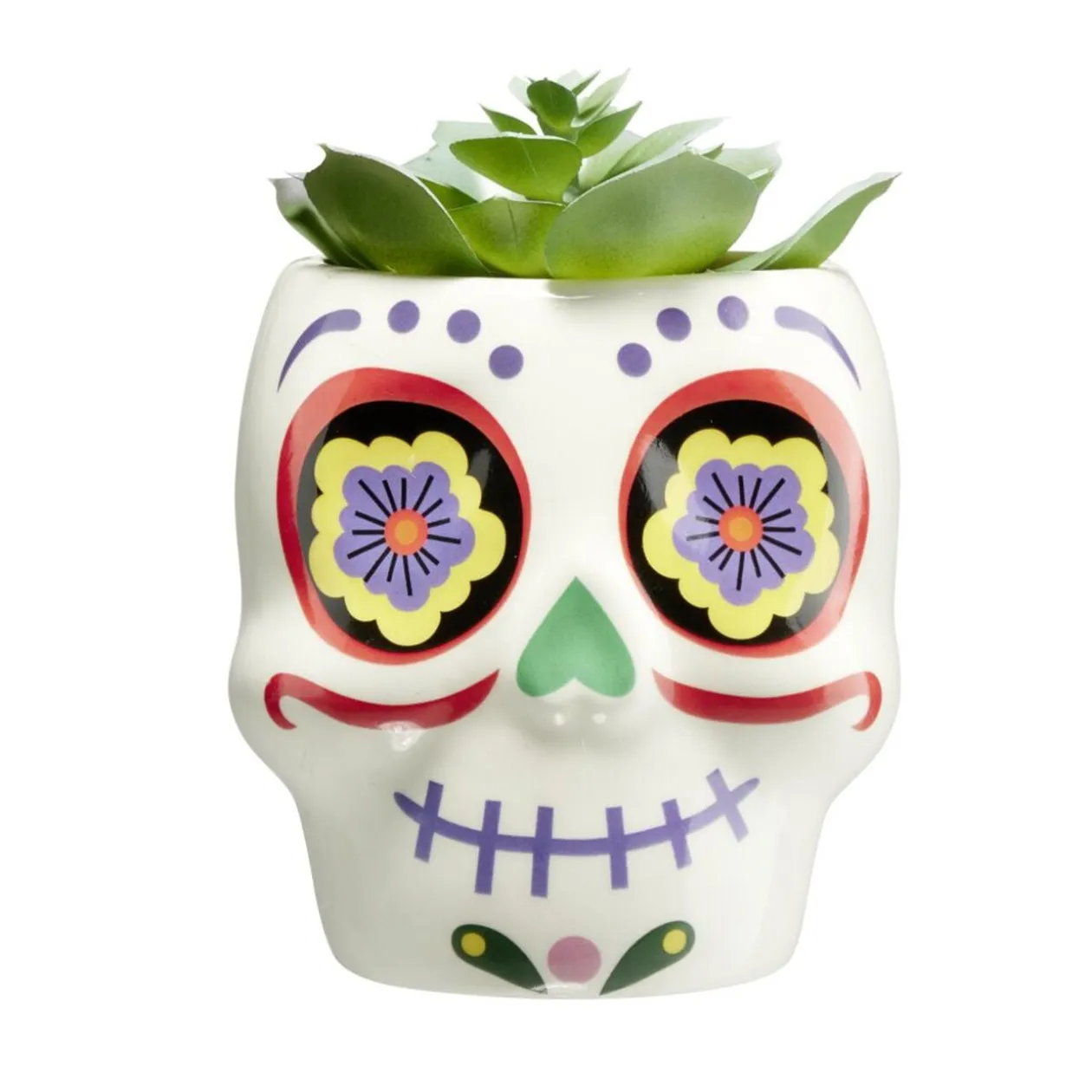 Plante verte artificielle Halloween Calavera pot céramique blanc Ø8xH12cm (2 modèles)