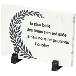 Plaque funéraire inscription et déco branche granit et pied métal 18x8,5xH12,5cm