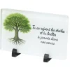 Plaque funéraire inscription arbre de vie verre blanc pied métal 20x8,3xH12,5cm