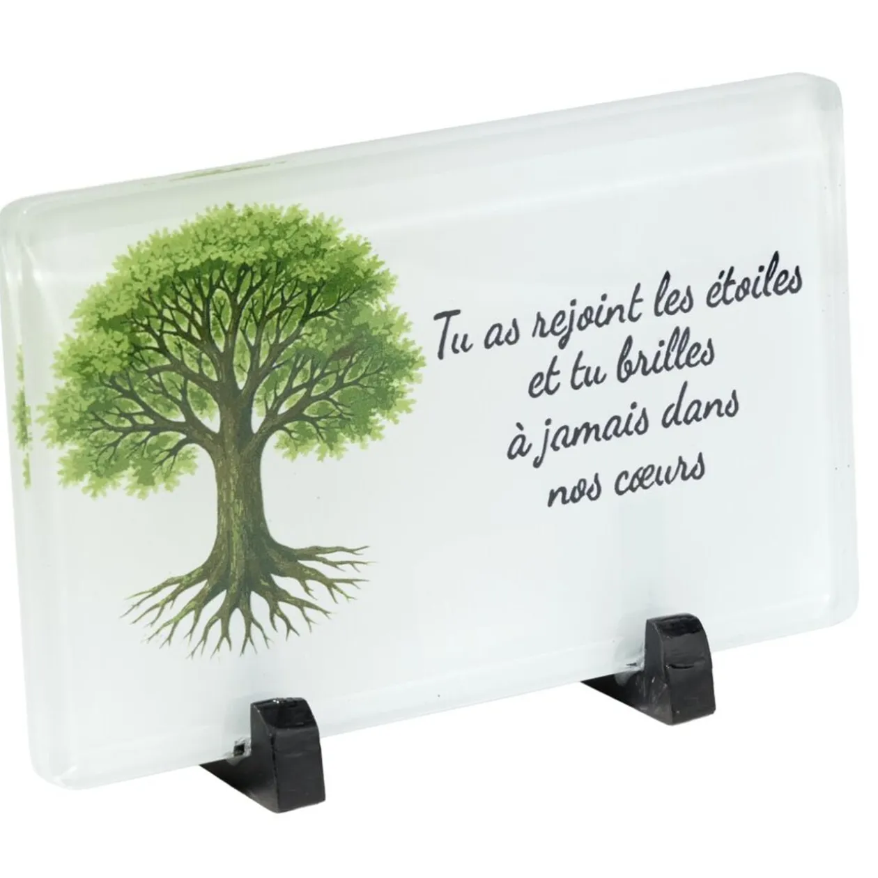 Plaque funéraire inscription arbre de vie verre blanc pied métal 20x8,3xH12,5cm