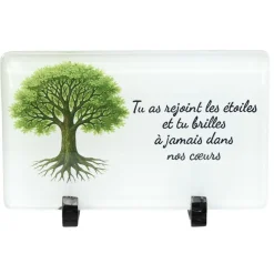 Plaque funéraire inscription arbre de vie verre blanc pied métal 20x8,3xH12,5cm
