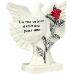 Plaque funéraire inscription oiseau et fleur rose rouge résine blanc 21,5x9xH23cm < Gifi Discount