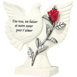 Plaque funéraire inscription oiseau et fleur rose rouge résine blanc 21,5x9xH23cm < Gifi Discount
