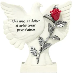 Plaque funéraire inscription oiseau et fleur rose rouge résine blanc 21,5x9xH23cm < Gifi Discount
