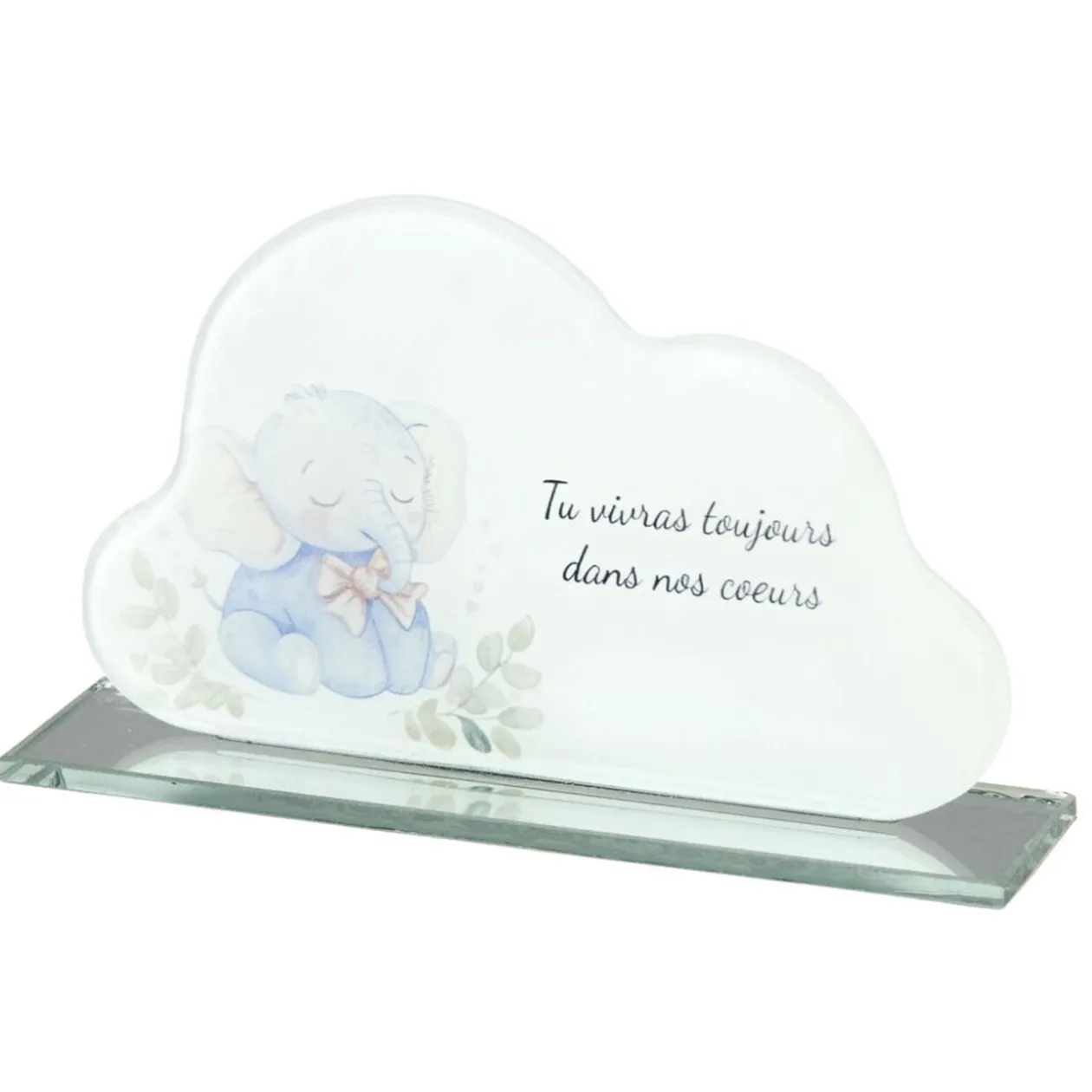 Plaque funéraire inscription enfant éléphant forme nuage verre bleu 16x3,5H9,5cm