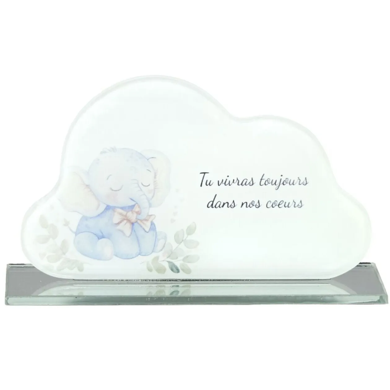 Plaque funéraire inscription enfant éléphant forme nuage verre bleu 16x3,5H9,5cm