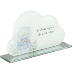 Plaque funéraire inscription enfant éléphant forme nuage verre bleu 16x3,5H9,5cm