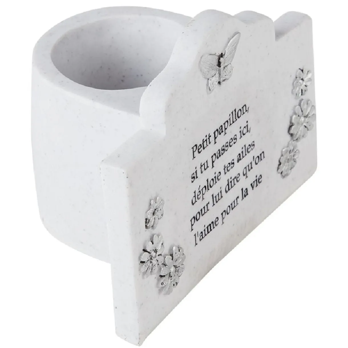 Plaque funéraire + pot de fleur motif fleur papillon résine blanc < Gifi Outlet