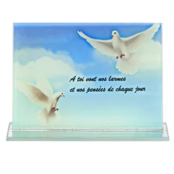 Plaque funéraire rectangulaire en verre décor oiseau et ciel bleu 16x3,5xH10,5cm