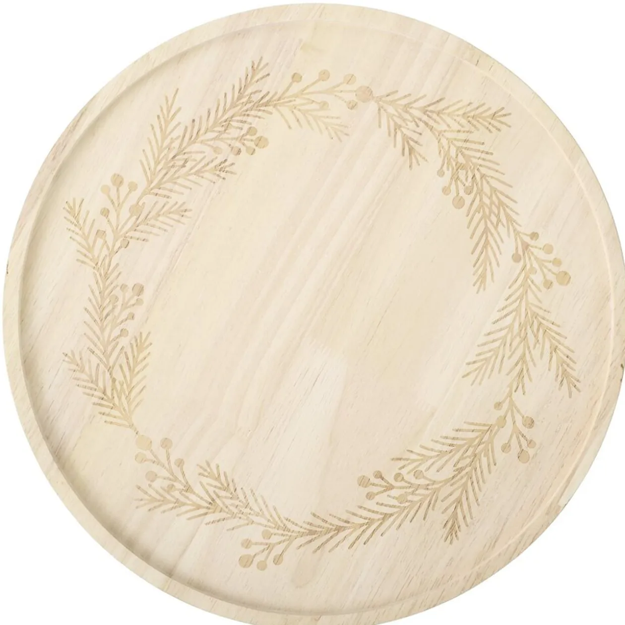 Plateau de présentation en bois gravé couronne de Noël Ø28XH10 cm vert et naturel