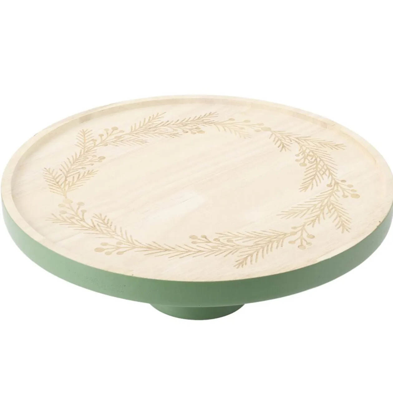 Plateau de présentation en bois gravé couronne de Noël Ø28XH10 cm vert et naturel