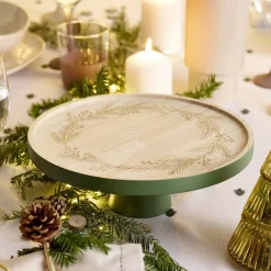 Plateau de présentation en bois gravé couronne de Noël Ø28XH10 cm vert et naturel