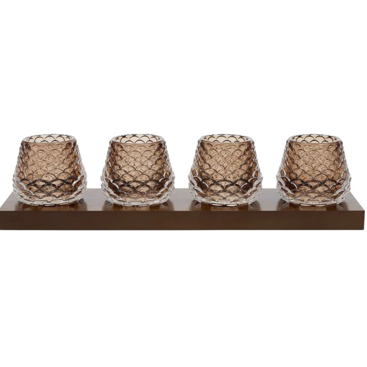 Plateau en bois avec 4 bougeoirs en verre forme pomme de pin 35x8,5x8cm < Gifi Sale