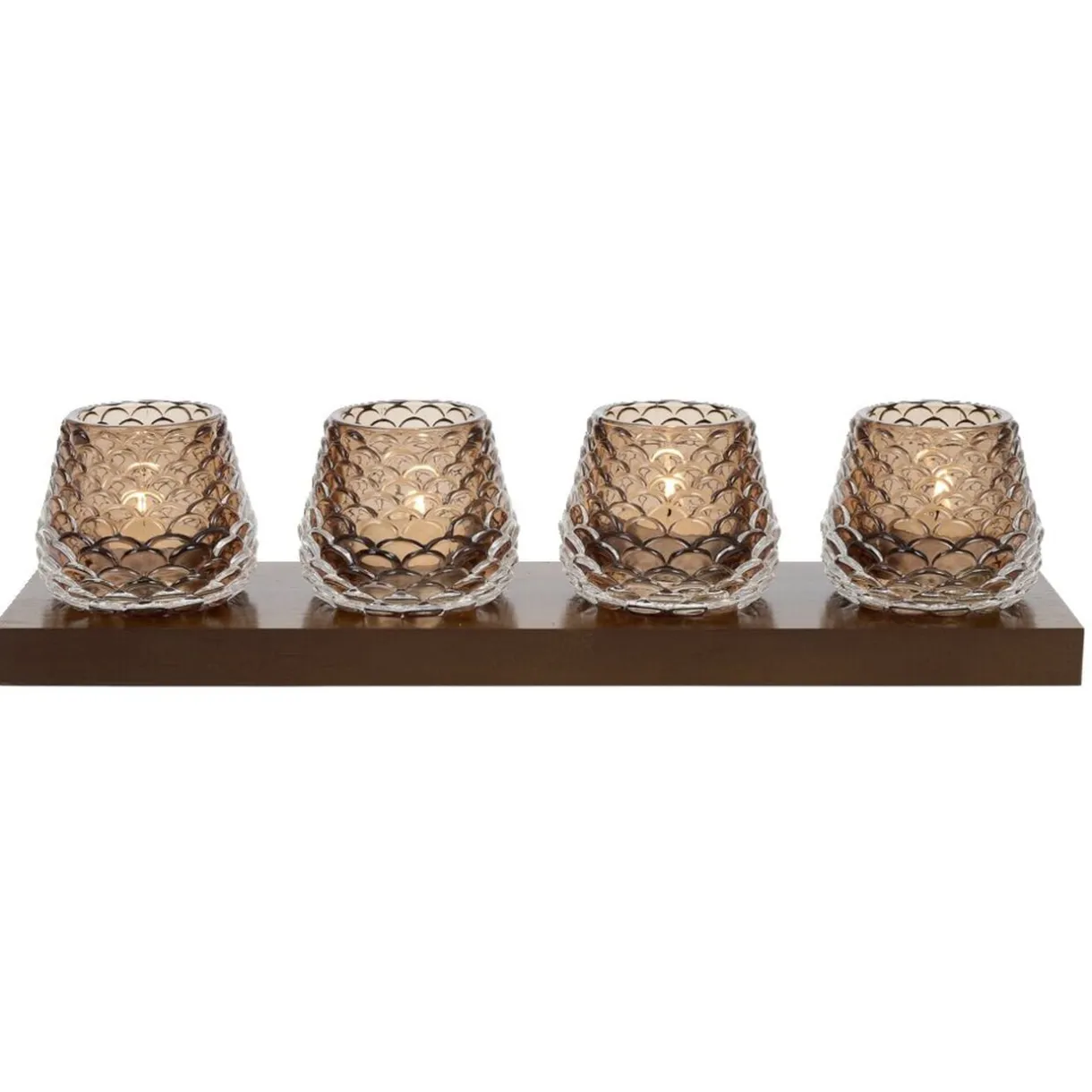 Plateau en bois avec 4 bougeoirs en verre forme pomme de pin 35x8,5x8cm < Gifi Sale