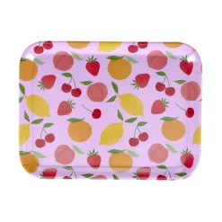 Plateau en mélaminé rose motifs fruits 29x22xH1,5cm