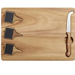 Plateau à fromage en bois avec couteau et 3 pancartes