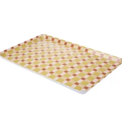 Plateau rectangulaire mélaminé damier irrégulier orange et rose 29,5x45,5cm