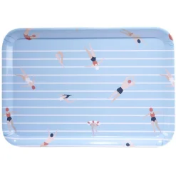 Plateau rectangulaire rayé bleu blanc motif nageur - plastique 45x31cm