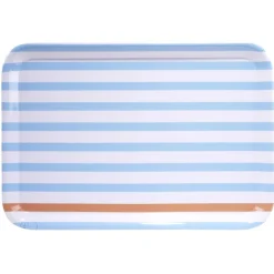 Plateau rectangulaire rayé bleu blanc liseré orange plastique 45x31cm